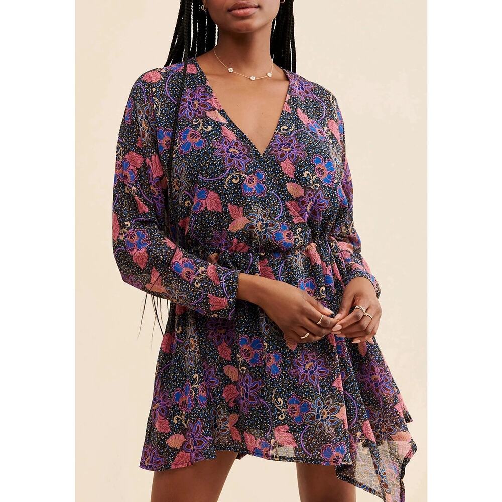 Free People Women's Teegan Mini Dress Size XS Twiligh Floral Wrap Tie Festival